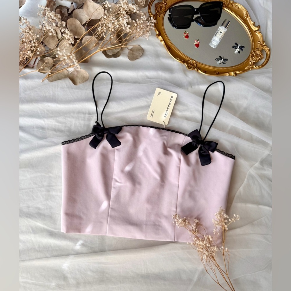 BNWT Peppermayo Rushing Back Crop Top Black Bow Baby Pink